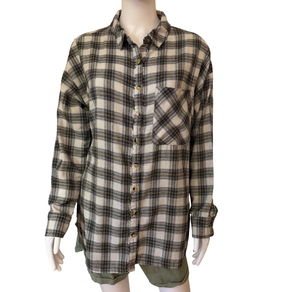 Hurley Mens Plaid Button Down Shirt Cream Black Long Sleeve Frayed Trim Size M